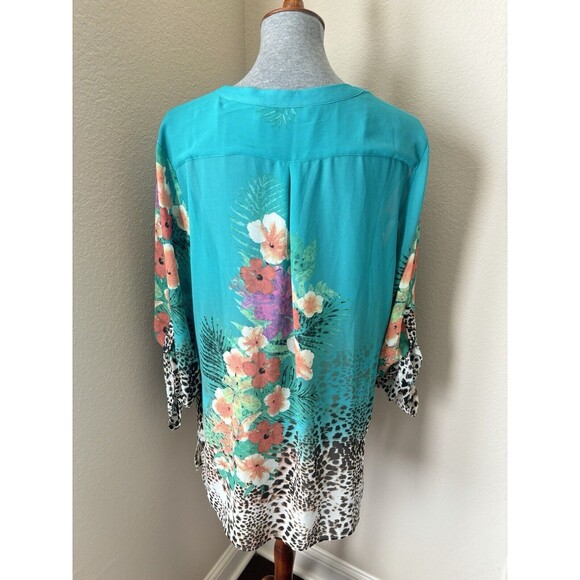 Soft Surroundings Women's Size XL Teal Tropical Print Roll Tab Sleeve Blouse - Picture 5 of 6